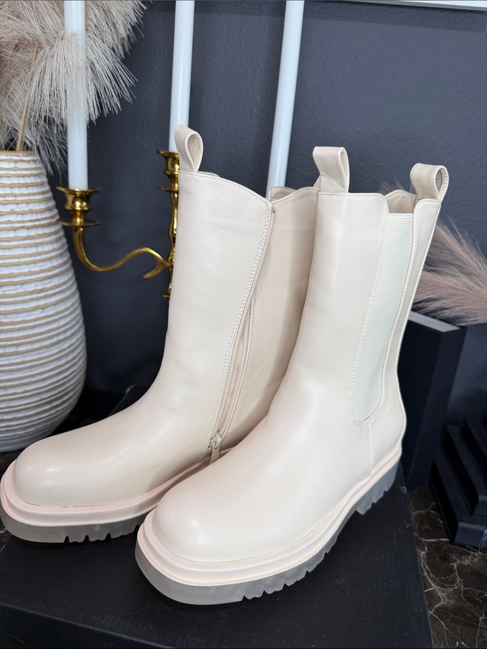 Fashion Nova Cream Platform Chelsea Ankle Boots